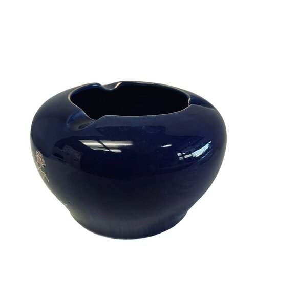 Vintage Yamato Ashtray JAPAN Cobalt Blue Porcelain Table Lighter Peacock Design - Picture 3 of 3